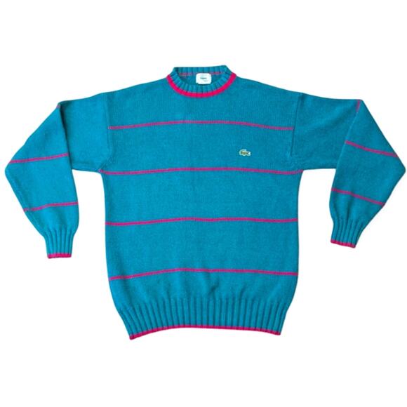 Lacoste Vintage 80s Men's Teal & Pink Stripe Crew Neck Knit Cotton Sweater Large - Picture 1 of 9